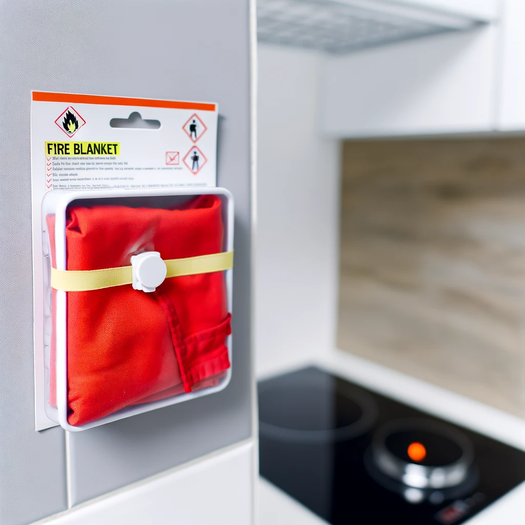 coperte antifiamma, mostrate come potrebbero essere appese a una parete accanto a un fornello da cucina, pronte per essere utilizzate in caso di necessità