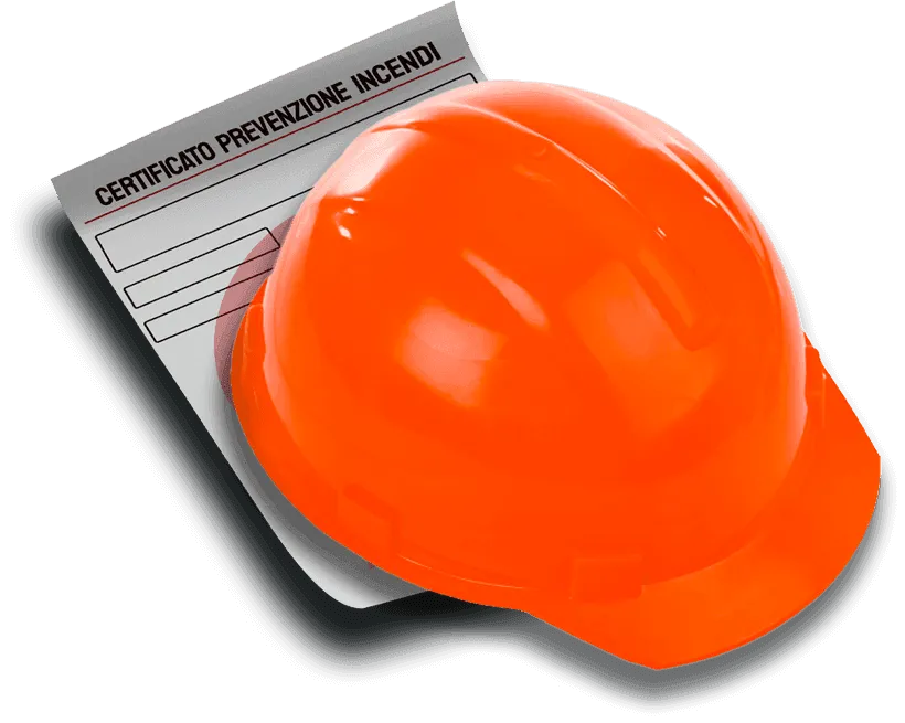 Certificato di prevenzione incendi accanto a un casco da cantiere
