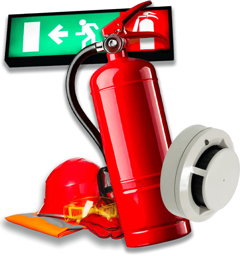 grafica con estintore rilevatore incendi protezioni e segnaletica di sicurezza