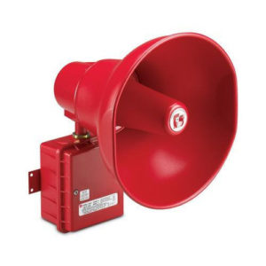foto di un altoparlante rosso che fa parte di sistemi di allarme vocale