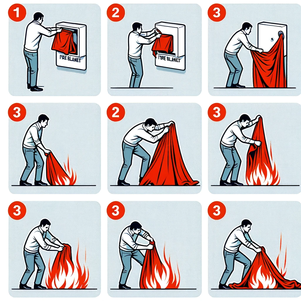 un'illustrazione passo dopo passo che mostra come utilizzare una coperta antifiamma in caso di emergenza, dalla presa della coperta al suo posizionamento sul fuoco.